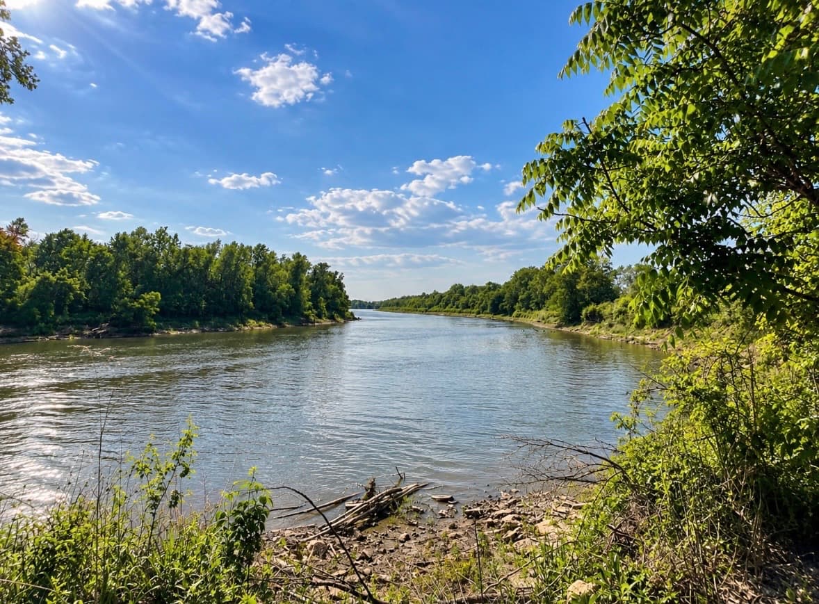The Walnut River on a summer afternoon, tree-lined banks under a blue sky