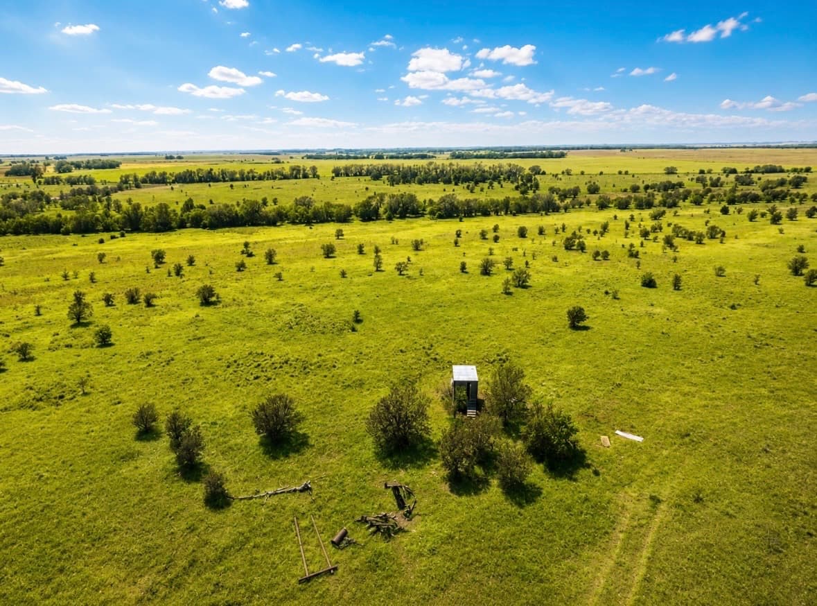 Aerial view of a Prairie Haven deer stand set in low timber and native grass